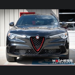 Alfa Romeo Stelvio Front V Shield Grill Frame + Emblem Frame Kit - Carbon Fiber - Red Candy - QV Model